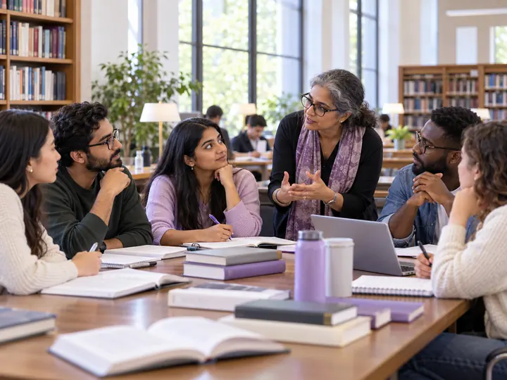 Students discussing public policy in a university seminar
