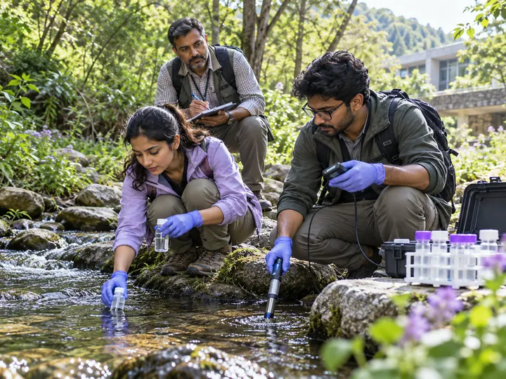 Environmental science students collecting a stream water sample