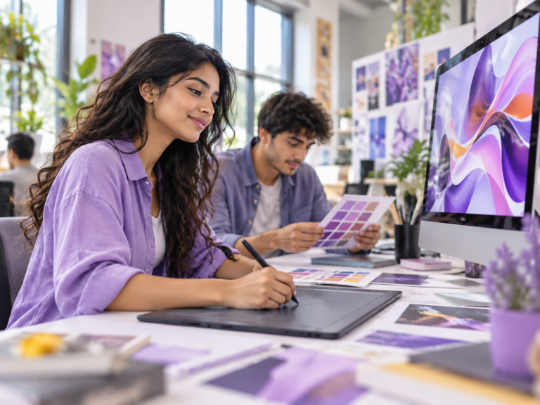 Design student creating digital artwork