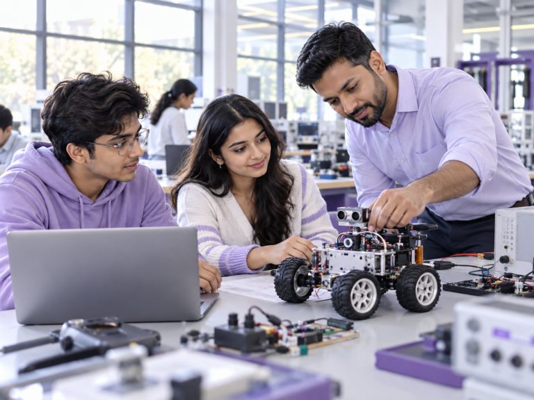 Students learning with an electronics training robot