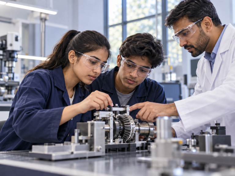 Engineering students examining a mechanical assembly