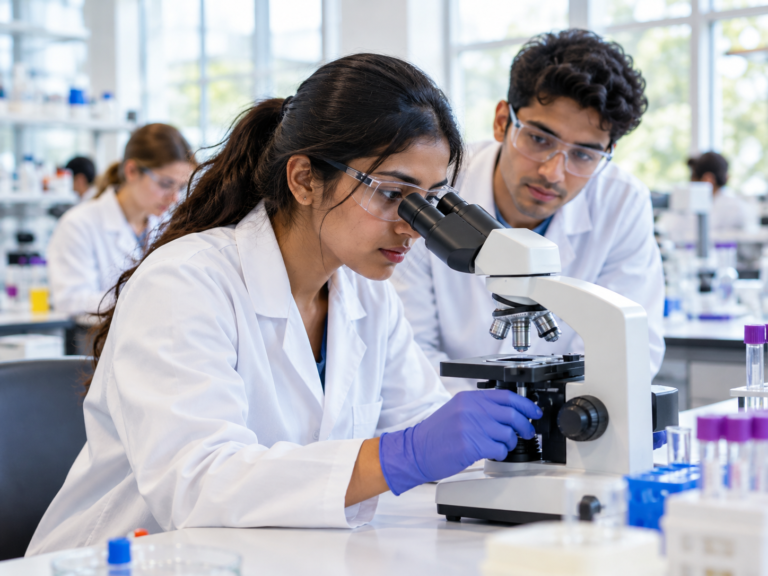 Students using a microscope in a teaching laboratory