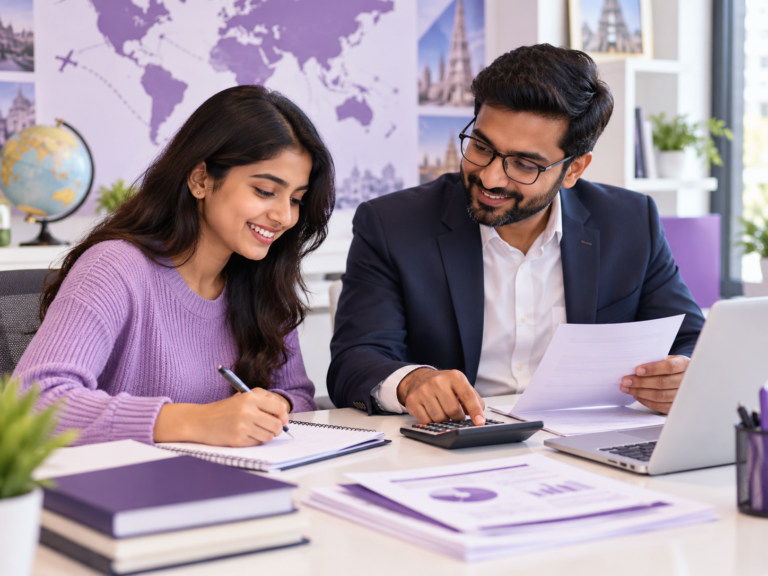 Student reviewing study expenses with a counsellor