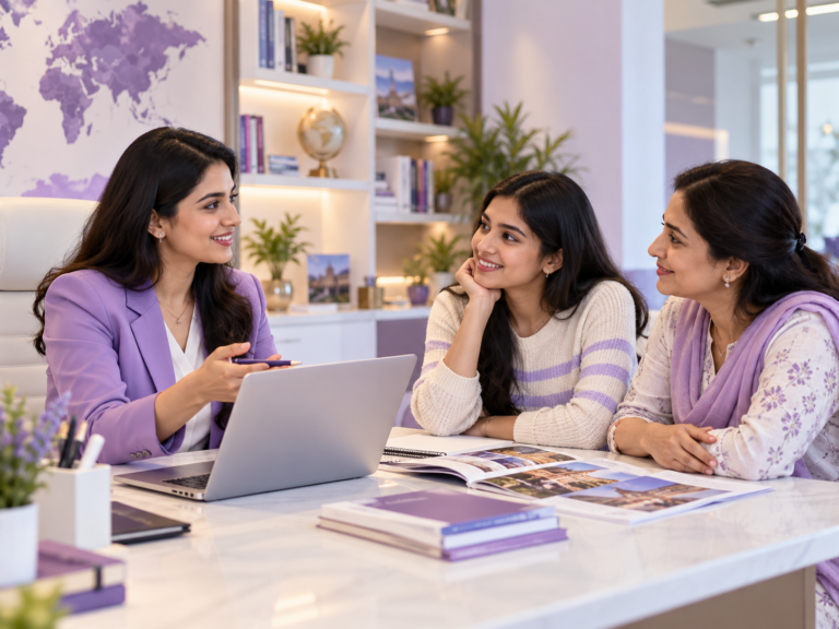 Student and parent discussing overseas study with a counsellor