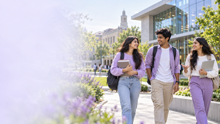 Indian students walking together on an international university campus