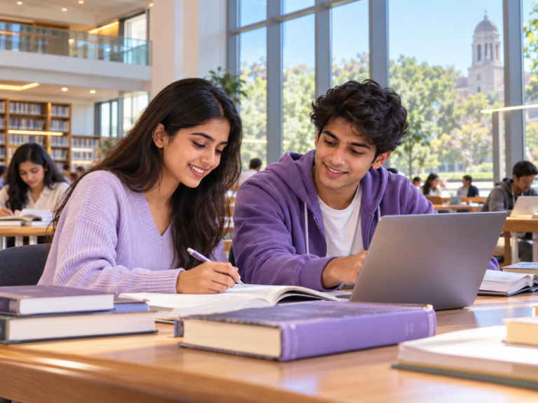 Undergraduate students studying together in a library